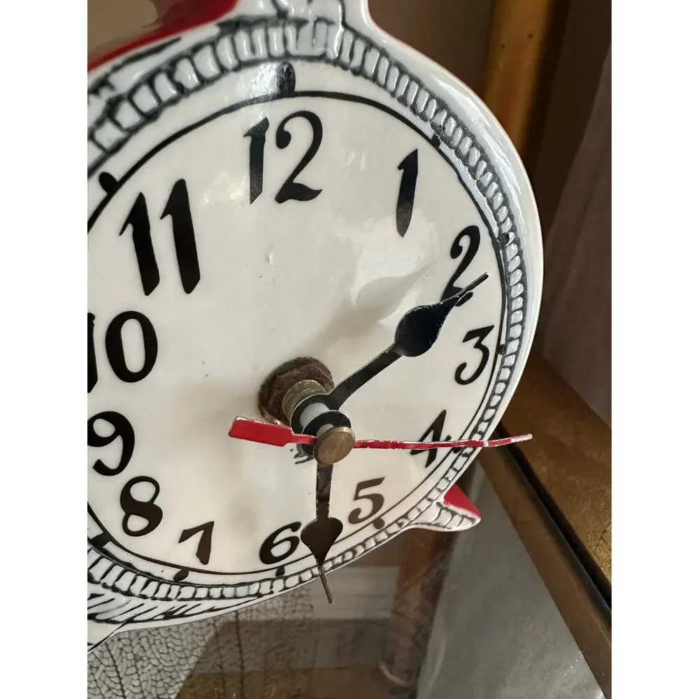 Anthropologie Tick Tock Clock MOLLY HATCH Red Ceramic, White Face